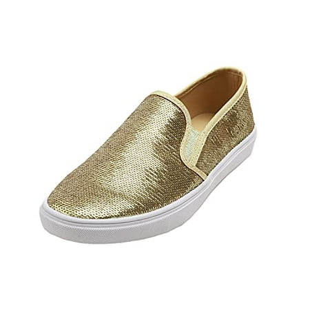

Feversole Women s Fashion Dress Sneakers Party Bling Casual Flats Embellished Shoes Gold Sequin Size 6.5 M US