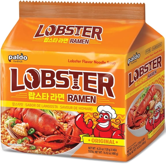 Paldo Fun & Yum Lobster Ramen Noodle Soup, Original Flavor, Korean Instant Seafood Ramen, Pack of 4