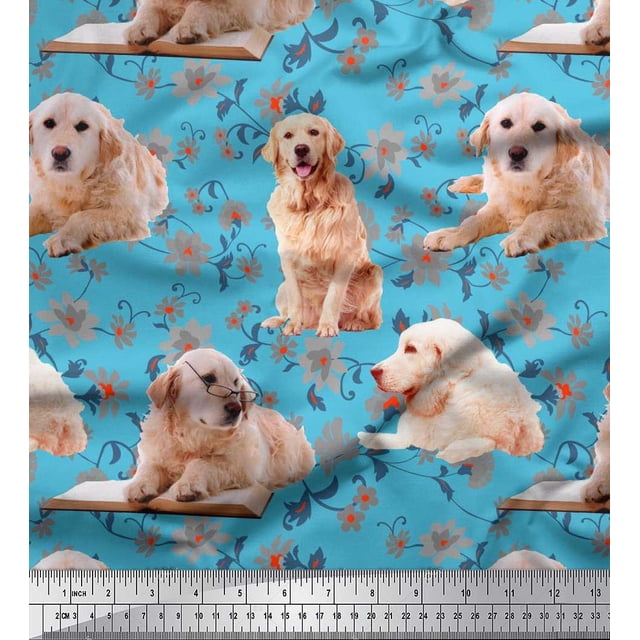 Soimoi Rayon Fabric Floral,Book & Golden Retriever Dog Decor Fabric Printed Yard 42 Inch Wide
