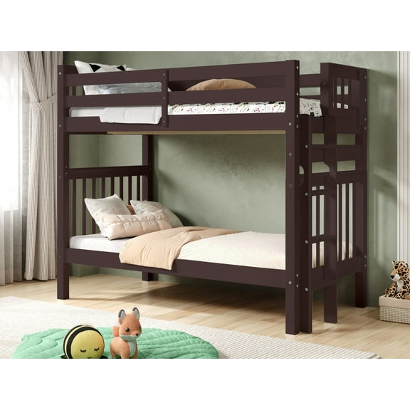 Bedz King Tall Bunk Beds Twin over Twin Mission Style with End Ladder, Dark Cherry