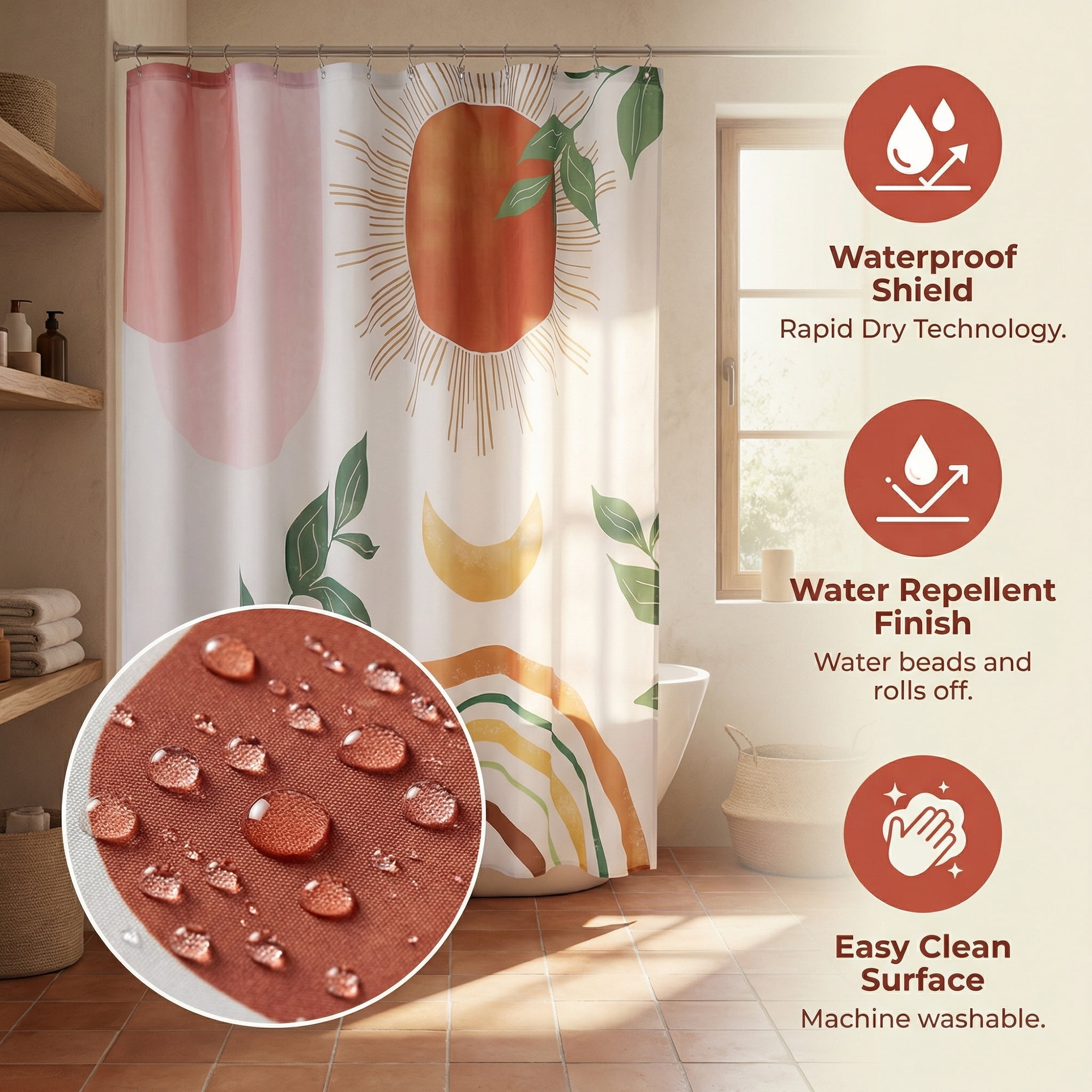 Unique Bargains Leaf Print Shower Curtain Bohemian Waterproof Set Pink Orange 71"W x 71"L