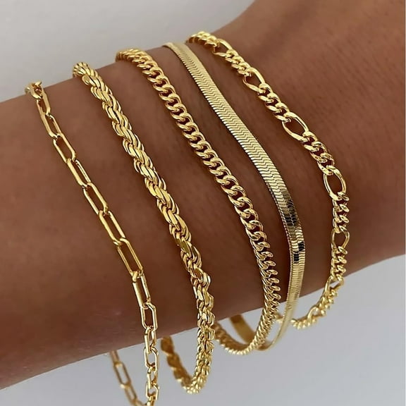 YTTAL Stackable Bracelets For Women, 14K Gold Plated Dainty Layered Chain Bracelets Adjustable Cute Bangle Link Bracelet Set Gift For Women