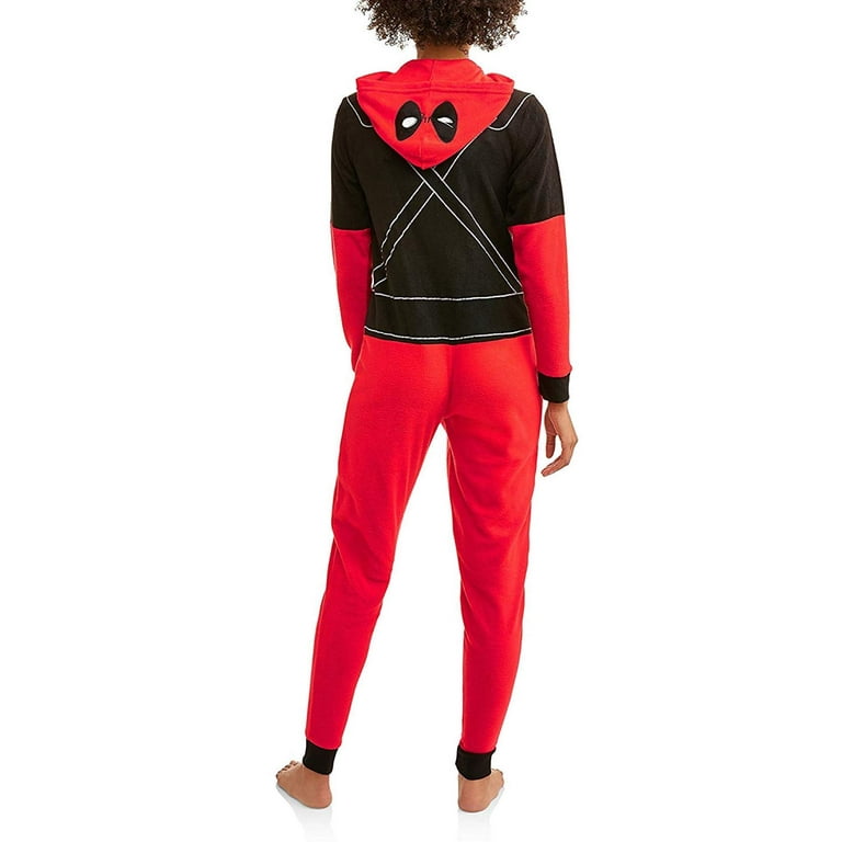Deadpool Marvel Women s Cozy Fleece Union Suit Hooded Pajamas Red Black Medium