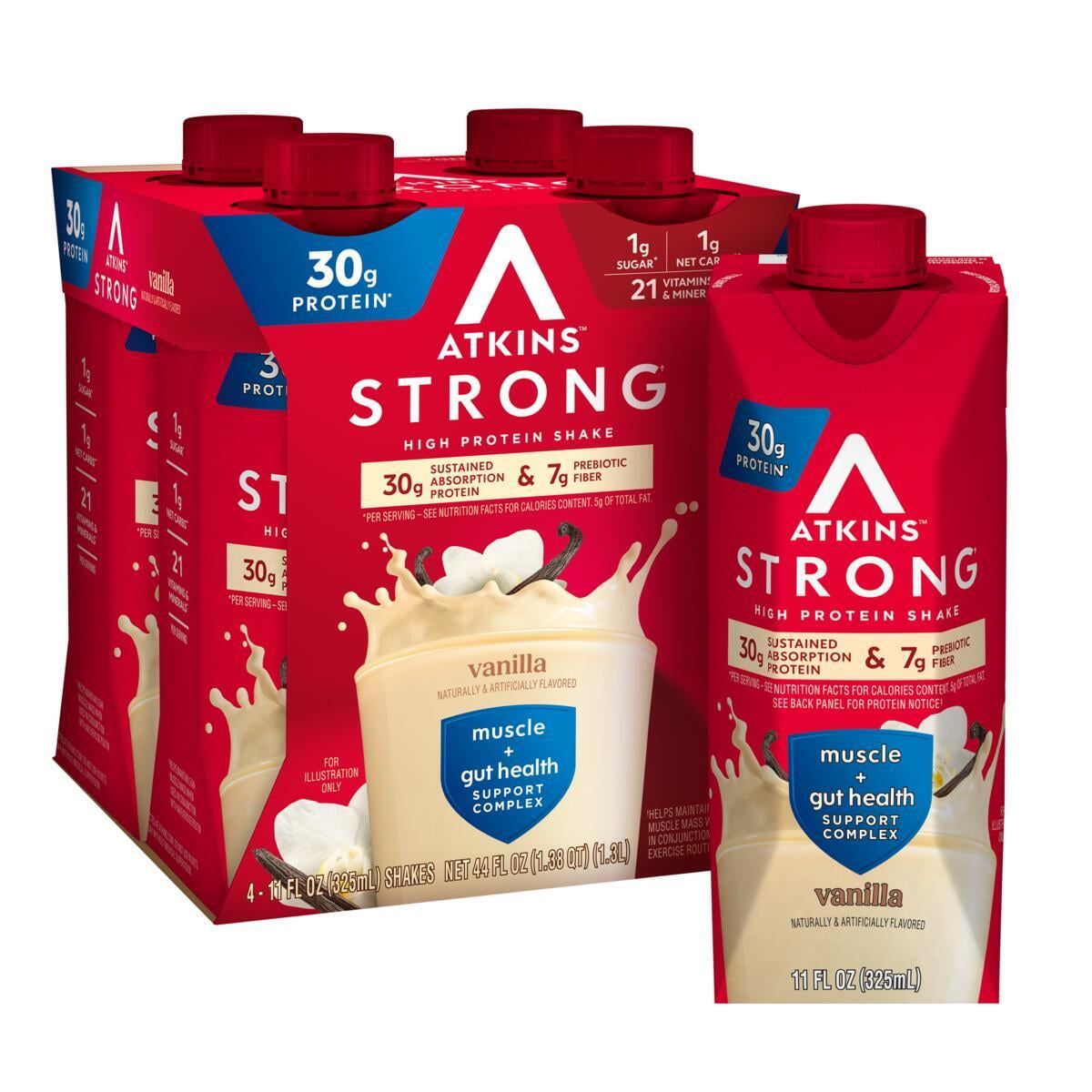 (3 pack) Atkins Strong, High Protein Shake, Vanilla, 30g of Protein, High Fiber, 4 Count
