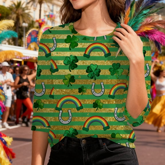 HOMBOM Womens St.Patricks Day Shirts Spring Irish Graphic Tees Shamrock Print 3/4 Sleeve Funny Multicolor Crewneck Tops for Women