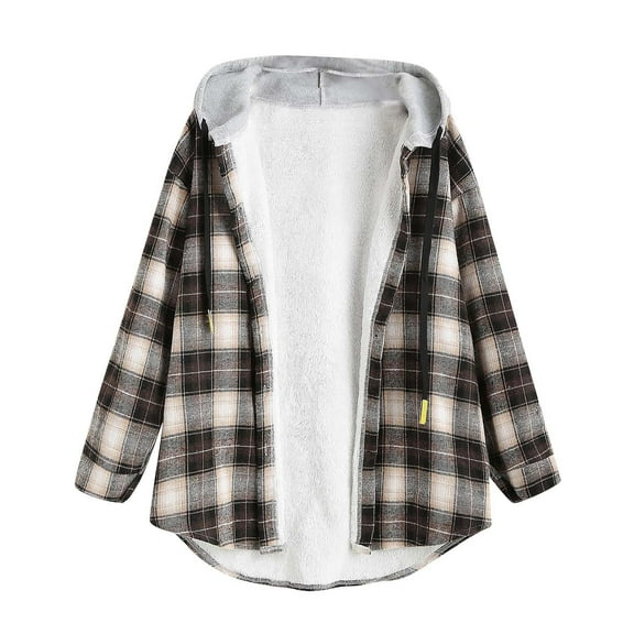 jsaierl Women's Plaid Fleece Lined Hooded Jacket Button Up Oversized Fuzzy Coat Checkered Flannel Hoodie Jacket