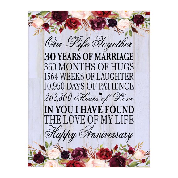 LifeSong Milestones 12x15 30th Anniversary Wall Plaque 30 Years of Marriage Floral Border (White Distressed)