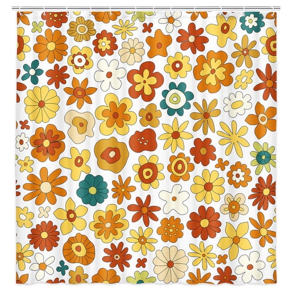 70s Retro Flower Fabric Shower Curtain, Groovy Vintage Floral Shower Curtain for Bathroom, Wavy Geometric Floral Hippie Print Shower Curtain with Hooks 69 x 70 Inch
