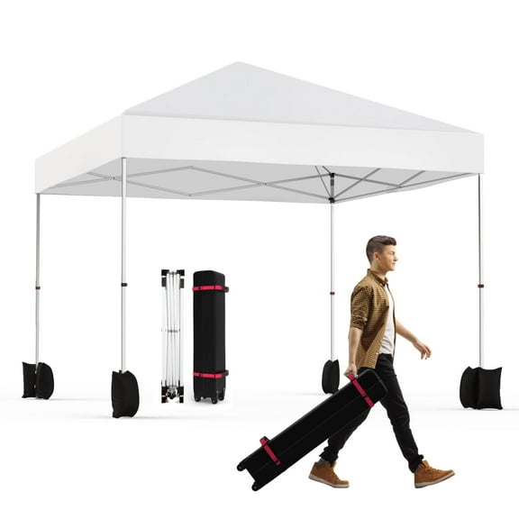 TROPOW Pop Up Canopy Tent 10x10ft, 1-Person Setup Instant Tent Shelter, Portable Commercial Outdoor Canopies w/Roller Bag, 4 Weight Bags 4 Ropes & 8 Stakes for Beach Events Parties Camping, White