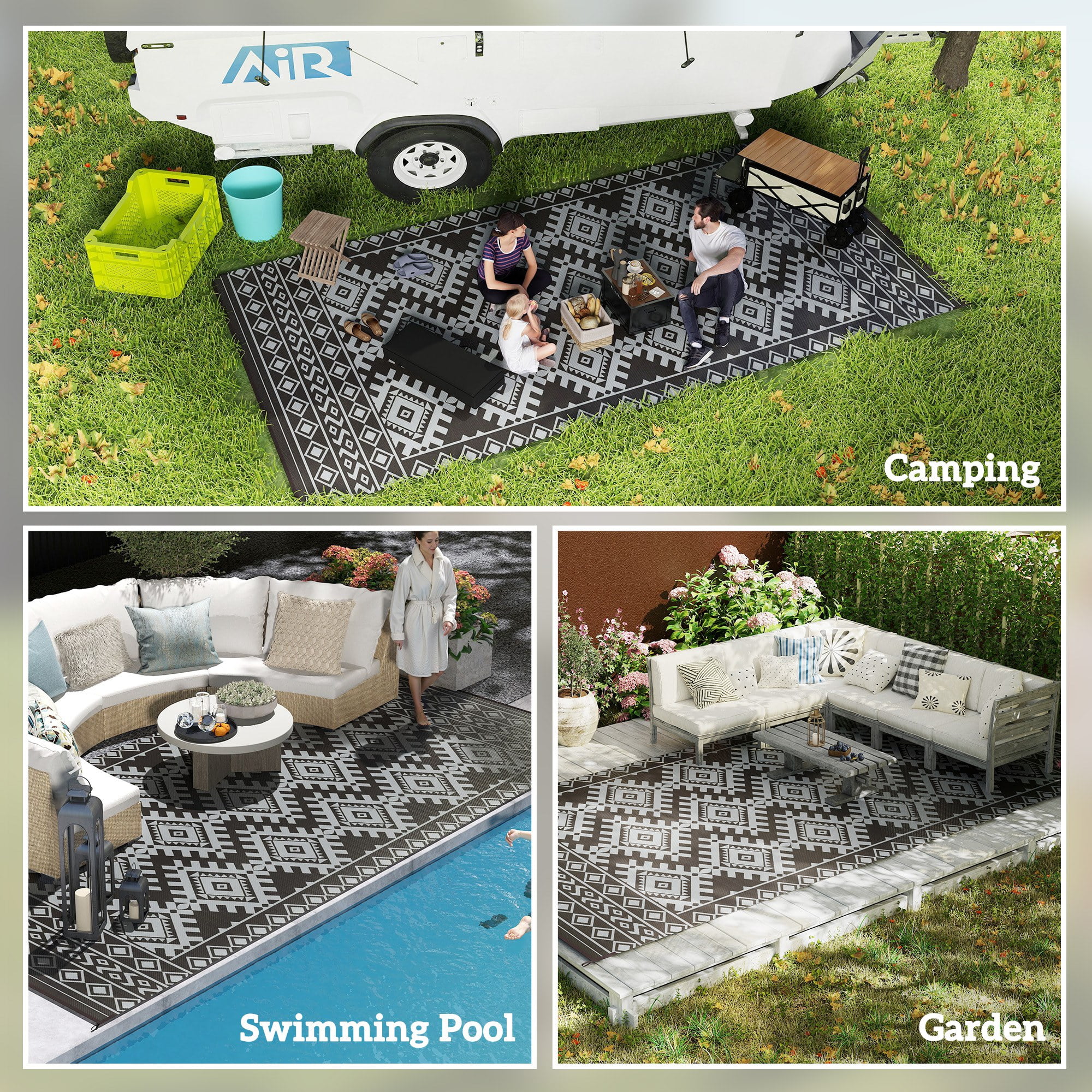 9' x 18' Black & Gray Rhombus Border Reversible Outdoor Rug, Waterproof Patio Camping Mat with Carry Bag, Foldable Portable RV Carpet