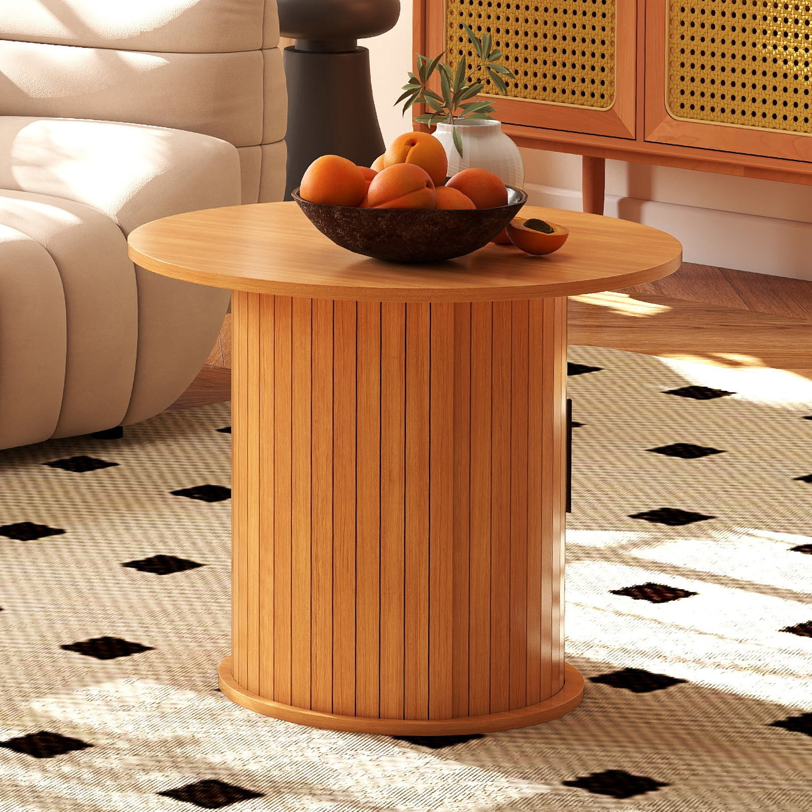23.6" Round Coffee Table Wood Side End Table Nightstand Farmhouse for Small Spaces w/Hidden Storage,Sliding Door Living Room,Bedroom(Light Brown)