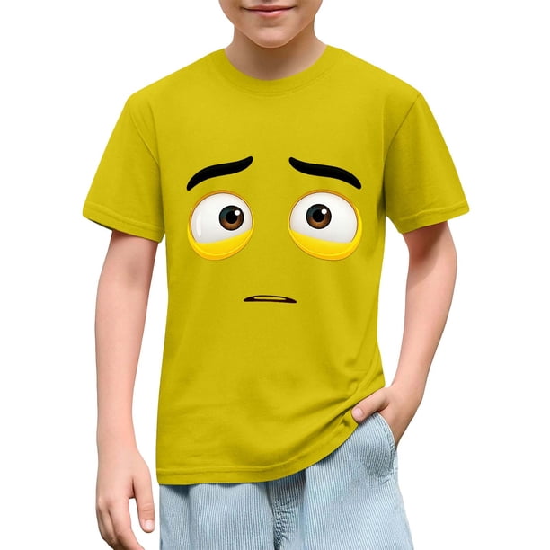 Blusas y camisas de manga corta con cuello redondo para niños y niñas, color liso, con estampado de expresión linda, manga corta, holgadas y cómodas, blusa para niña