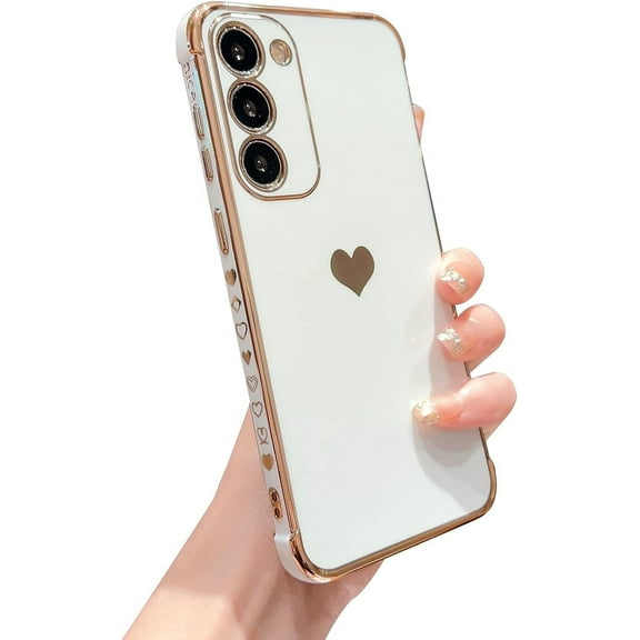 Compatible with Samsung Galaxy S23 5g Phone Case Elegant Cute Love Heart Luxury Plating Side Pattern Case Soft Silicone Shockproof Camera Protective Bumper Galaxy S23 Case (White)
