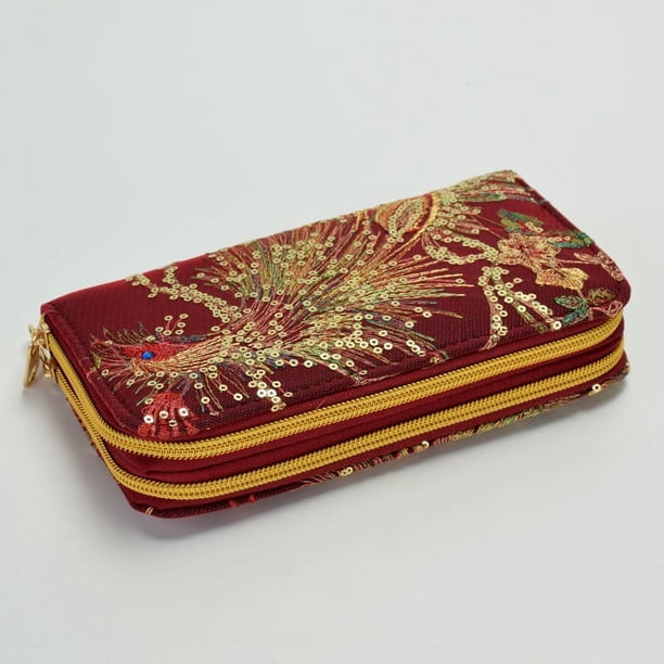 Cartera bordada de doble cara de estilo minoritario con pavo real bordado, asa larga con cremallera, bolso para teléfono móvil