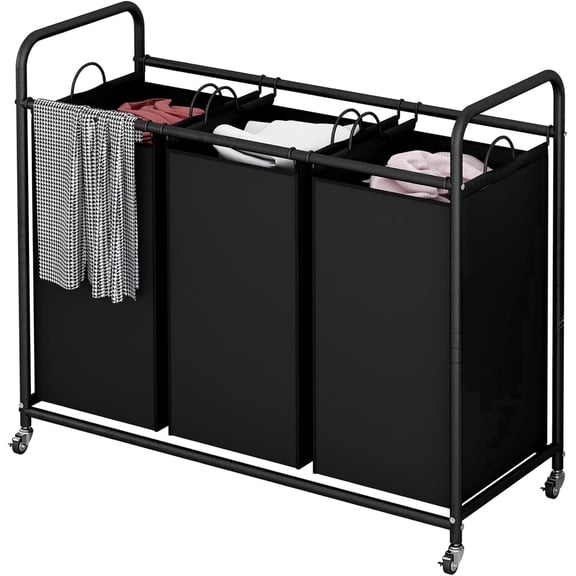 3-Bag Laundry Sorter Cart with Wheels – Heavy Duty Rolling Hamper with Removable Bags for Laundry Room Organization (Black)
