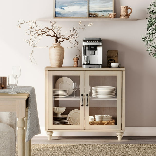 WAMPAT Buffet Server Table, Accent Sideboard with Storage & Glass Door,Console Table for Kitchen, Dining Room, and Living Room, Light Oak, 33.9"