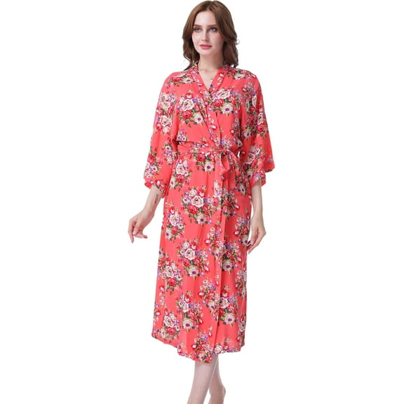Mr & Mrs Right Plus Size Floral Cotton Bathrobe Women Long Bridesmaid Getting Ready Shirt Dresses Printed Blossom Kimono Robe,Coral,M