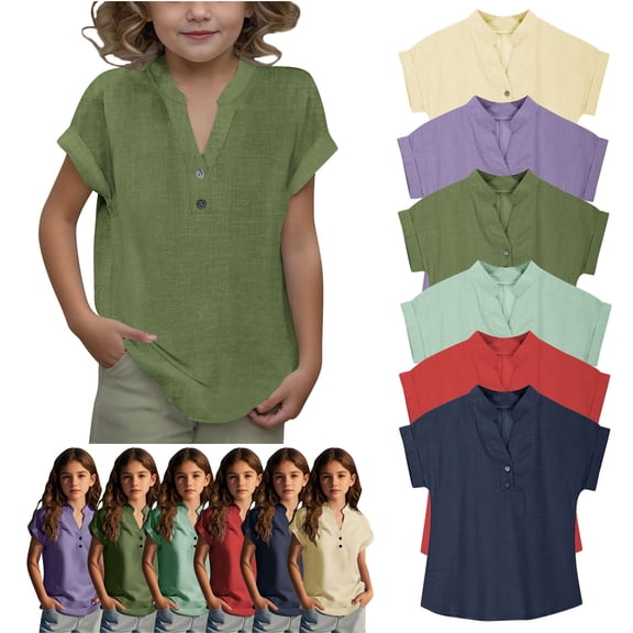 Einccm Girls' Solid V-Neck Loose Button-Up Blouse - Cotton Linen Casual T-Shirt Top with Drop Shoulder & Curved Hem for Everyday Wear, School, Vacation, and Outdoor Activities