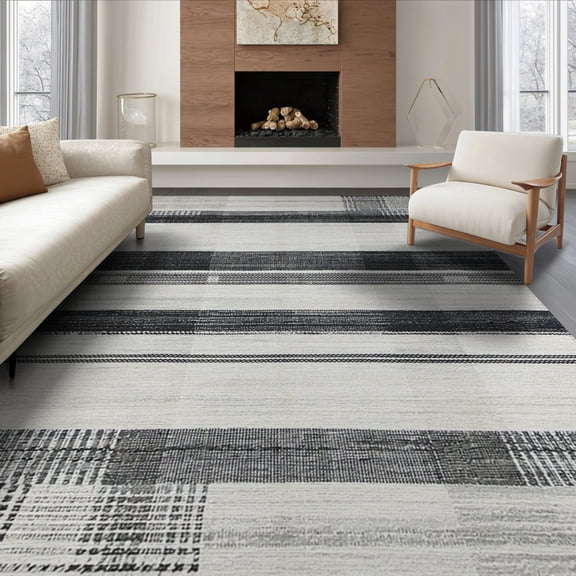 ODIKA 8'x10' Washable Area Rug Durable, Non-Slip Doormat Distressed Door Striped Varied Band Farmhouse Entry Front for Living Room, Under Sectional, Family