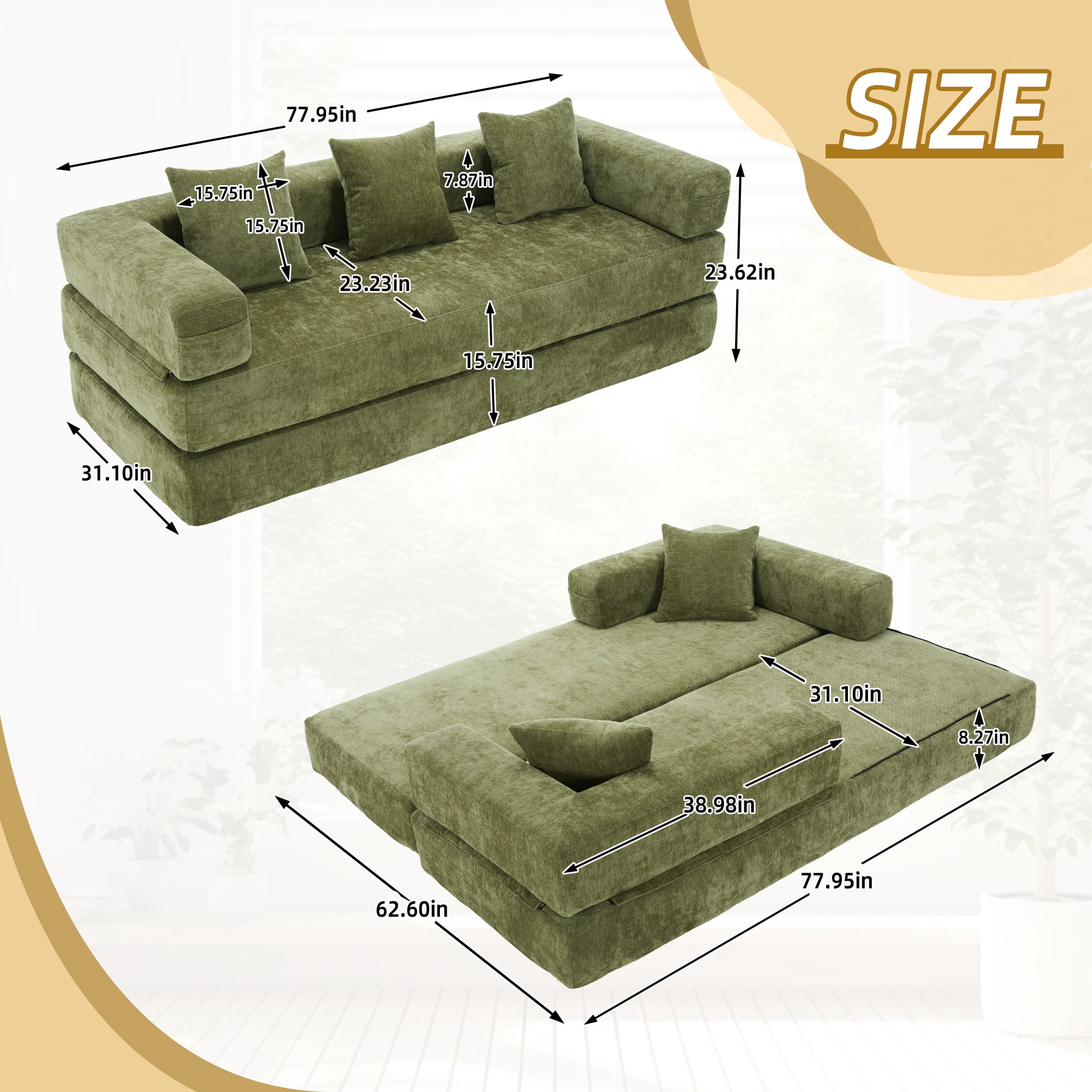 MOONMISS Chenille Upholstered Convertible Foldable Memory Foam Sleeper Sofa with Pillows for Living Room-Green