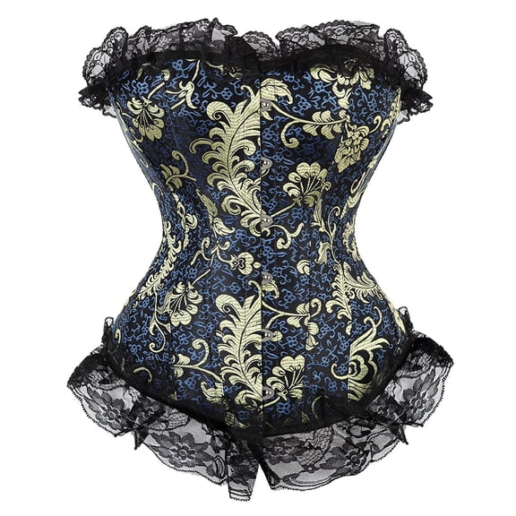 Corsets for Women Overbust Lingerie Satin Floral Lace up Trim Bustier Plus Size Top Blue 5XL
