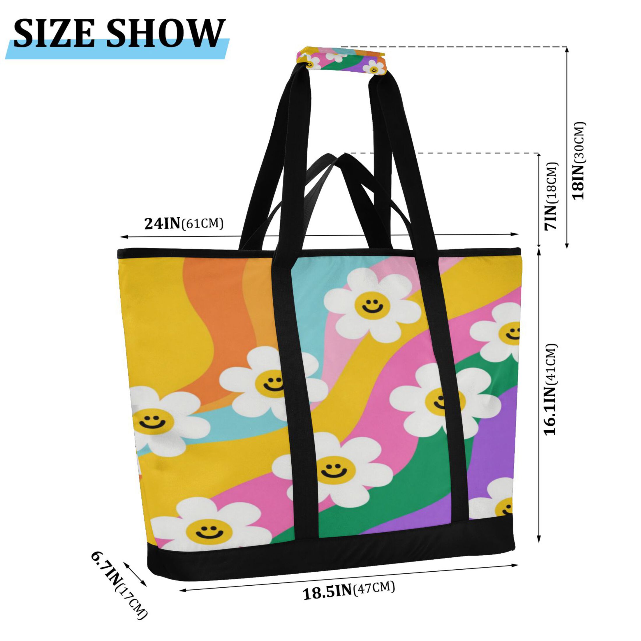 Extra-Large Wide Opening Design Capacity Hand-Held Ice Pack Thickened Insulation Layer For Long-Lasting Cold Retention For Outdoor Shopping Picnics And Camping Smiley Daisy on Rainbow Background