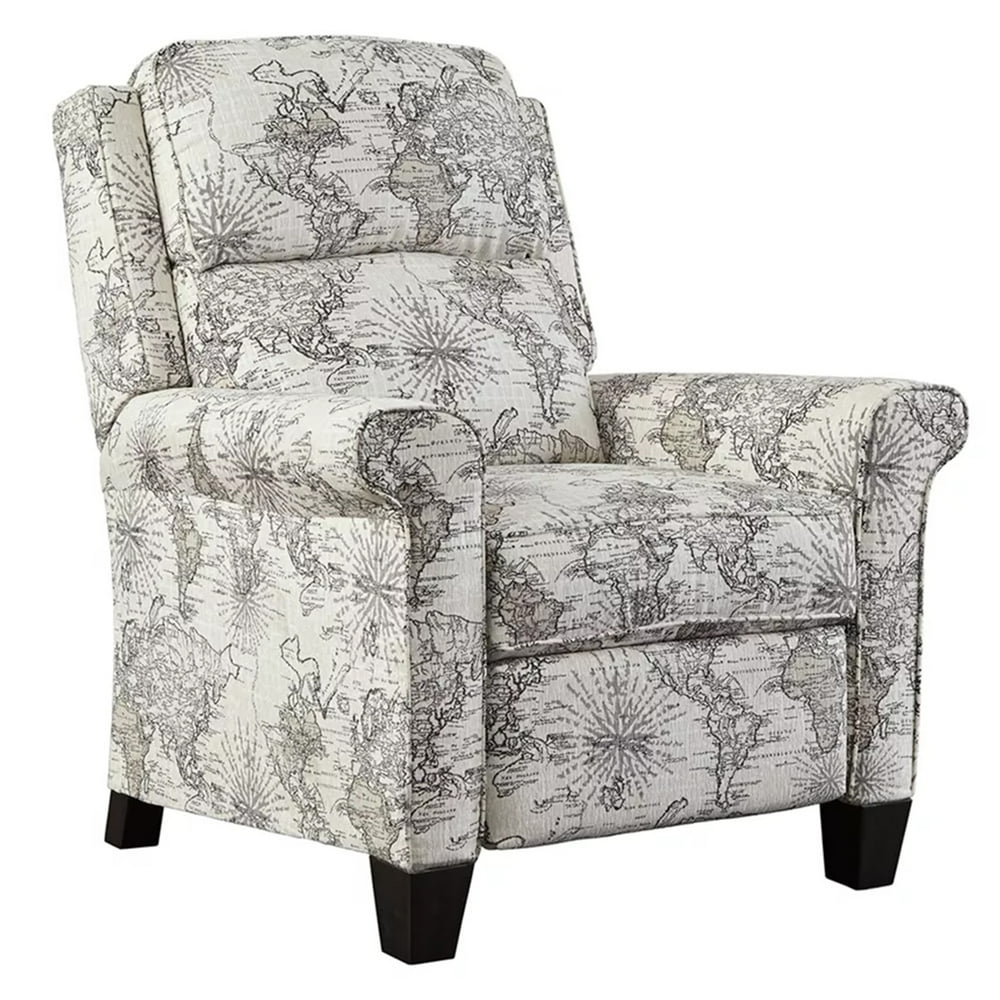 Upholstered Low Leg Power Recliner with World Map Print, White and Gray