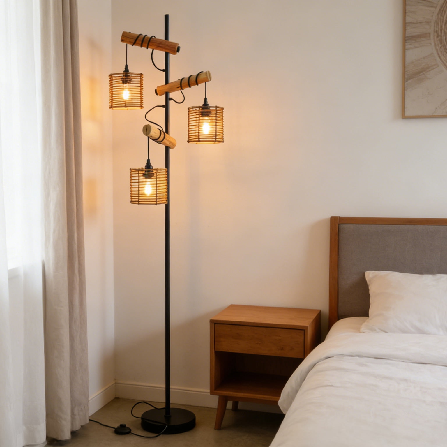Unique  Tree  Floor Lamp Rattan Shade with  Standing Lamps Decor for Bedroom Living Room Office