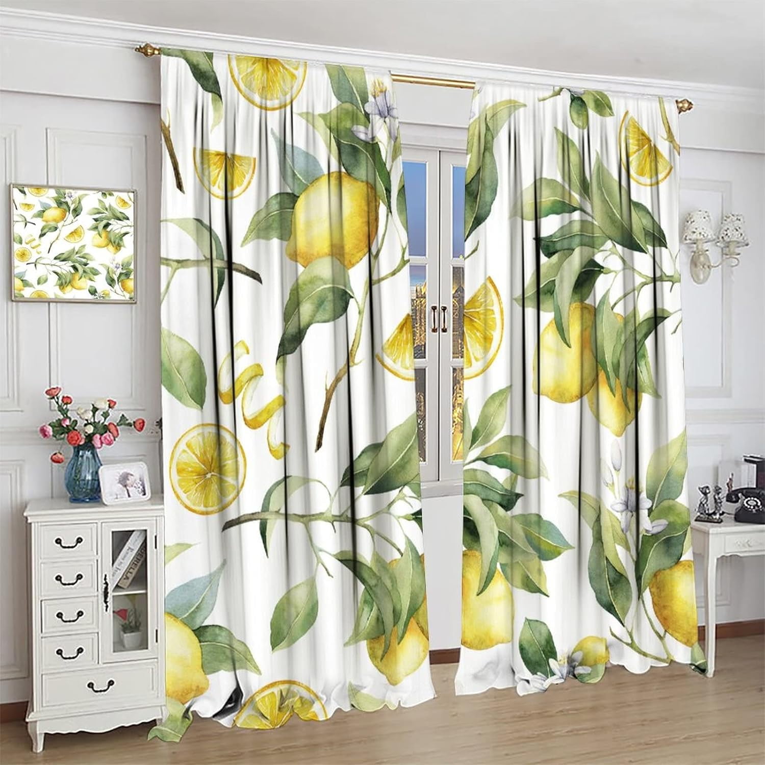 Lemon Twig Curtains, Exotic Yellow Lemon Twig Hand Painted Citrus Theme Blackout Window Curtains, Living Room Bedroom Dining Room 2 Sets of Panels, 52x84 in.