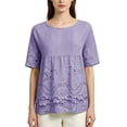 thumbnail image 2 of Cotton Eyelet Boho Tops For Women，Crew Neck Short Sleeve Shirts Women's Cotton Linen Blouse Loose Fit Casual Boho Top Babydoll Blouses Eyelet Embroidered Shirts Vacation Clothes,Purple,XL, 2 of 9
