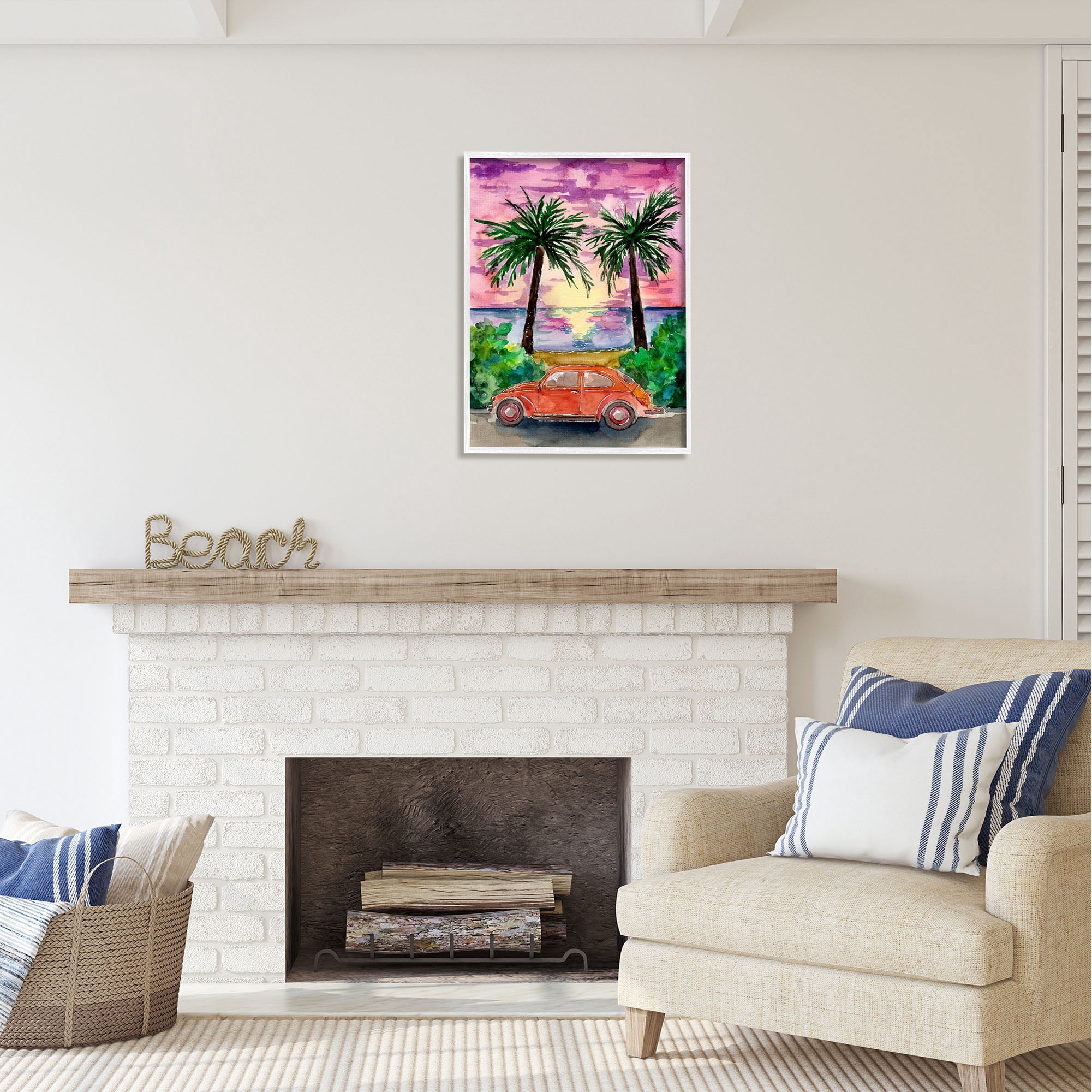 Stupell Industries Summer Beach Buggy Transportation Painting White Framed Art Print Wall Art, 24 x 30