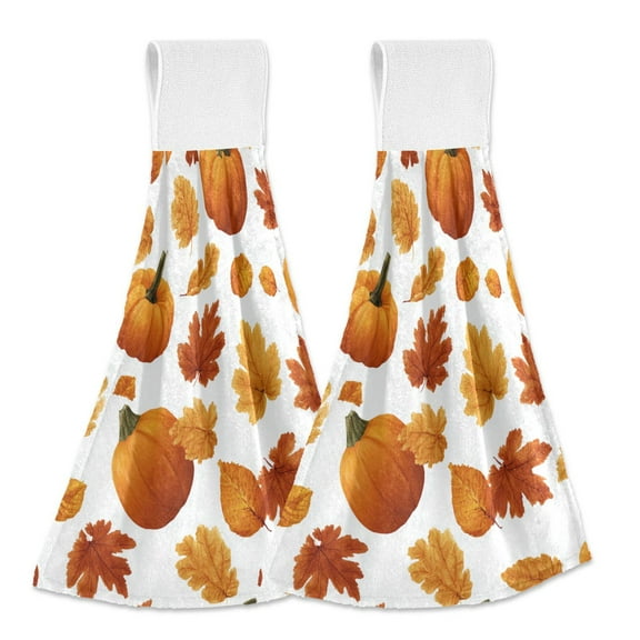 Pumpkins and Fall Leaves Hanging Towels with Loop Hand Towels Nylon Fastener Tape Design Dish Cloths 2 Pieces