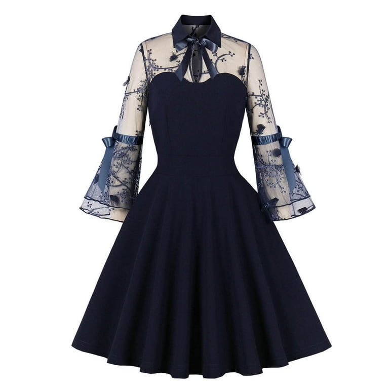 3/4 Sleeve Dots Round Neck Patchwork High Waist Skater Dresses 3/4 Sleeve Dots Round Neck Patchwork High Waist Skater Dresses