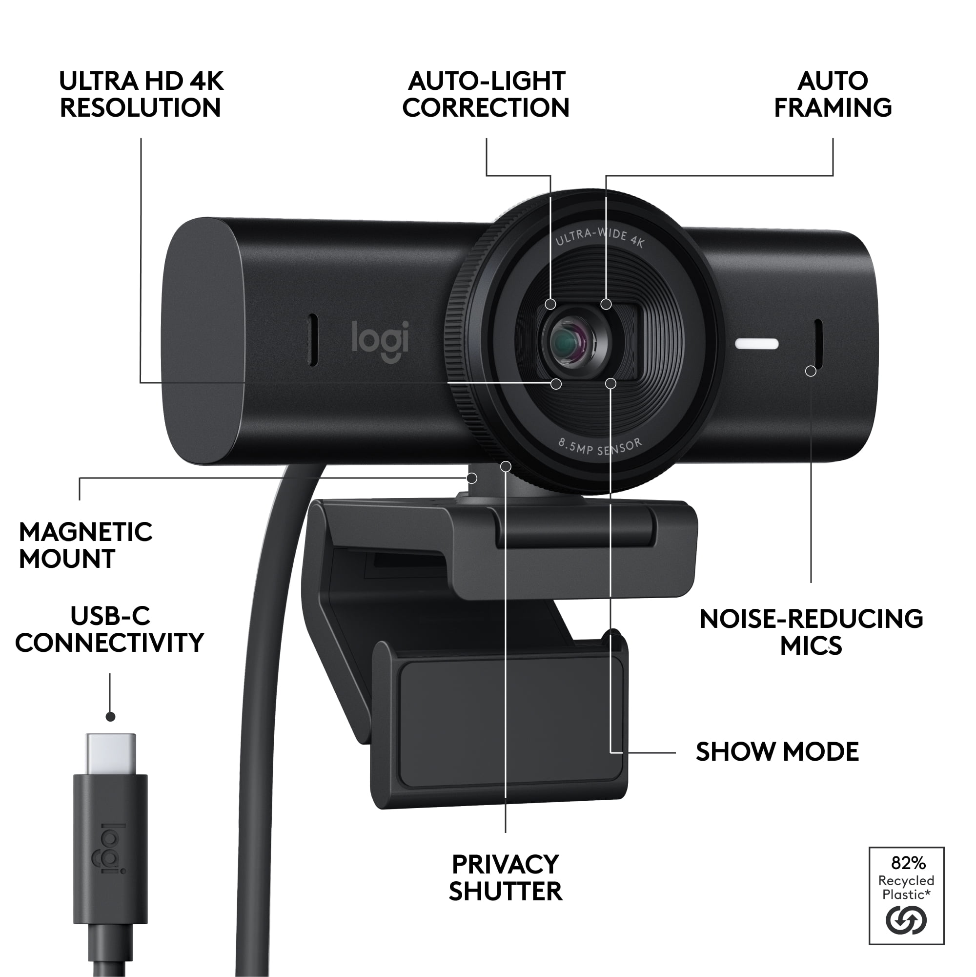 Logitech MX Brio Ultra HD 4K Collaboration and Streaming Webcam, 1080p at 60 FPS, Dual Noise Reducing Mics, Show Mode, USB-C, Black
