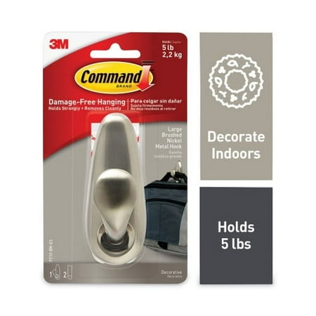 

Command Adhesive Mount Metal Hook Large Brushed Nickel Finish 5 lb Capacity 1 Hook and 2 Strips/Pack (FC13BNES)