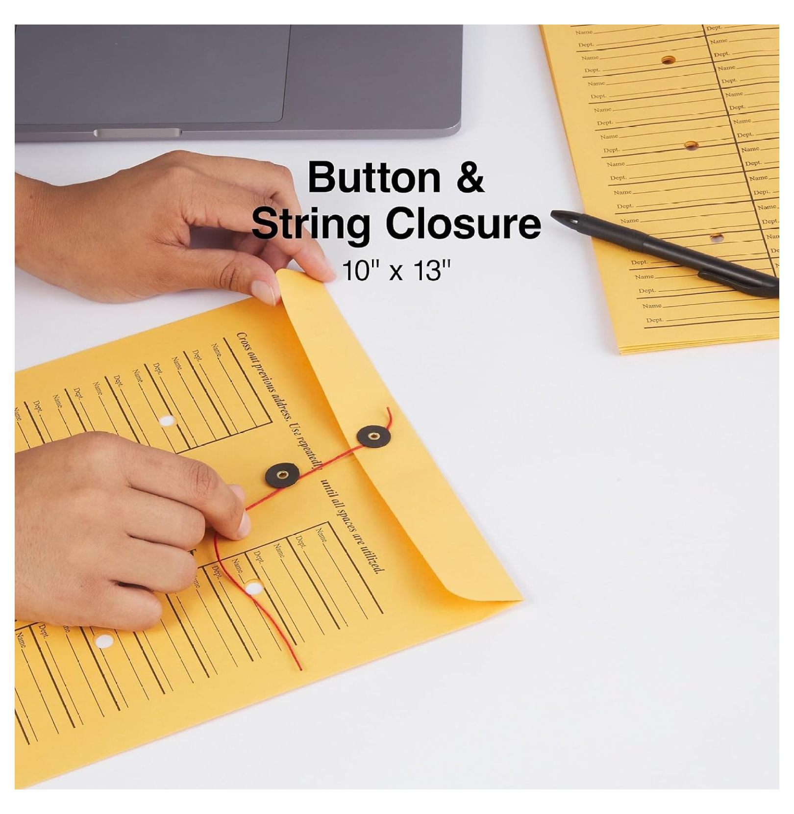 Interoffice Envelopes 10x13, Button & String Closure, Brown Mail Envelopes 100 Pack, Reusable Office Envelopes for Document Mailing, Business & School Use