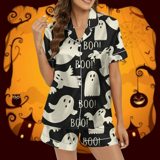 Ensembles de Pyjama pour Femmes Pyjamas Graphiques Imprimés Satin Mignons Vêtements de Nuit Boutons Hauts à Manches Courtes Shorts Ensembles TTG