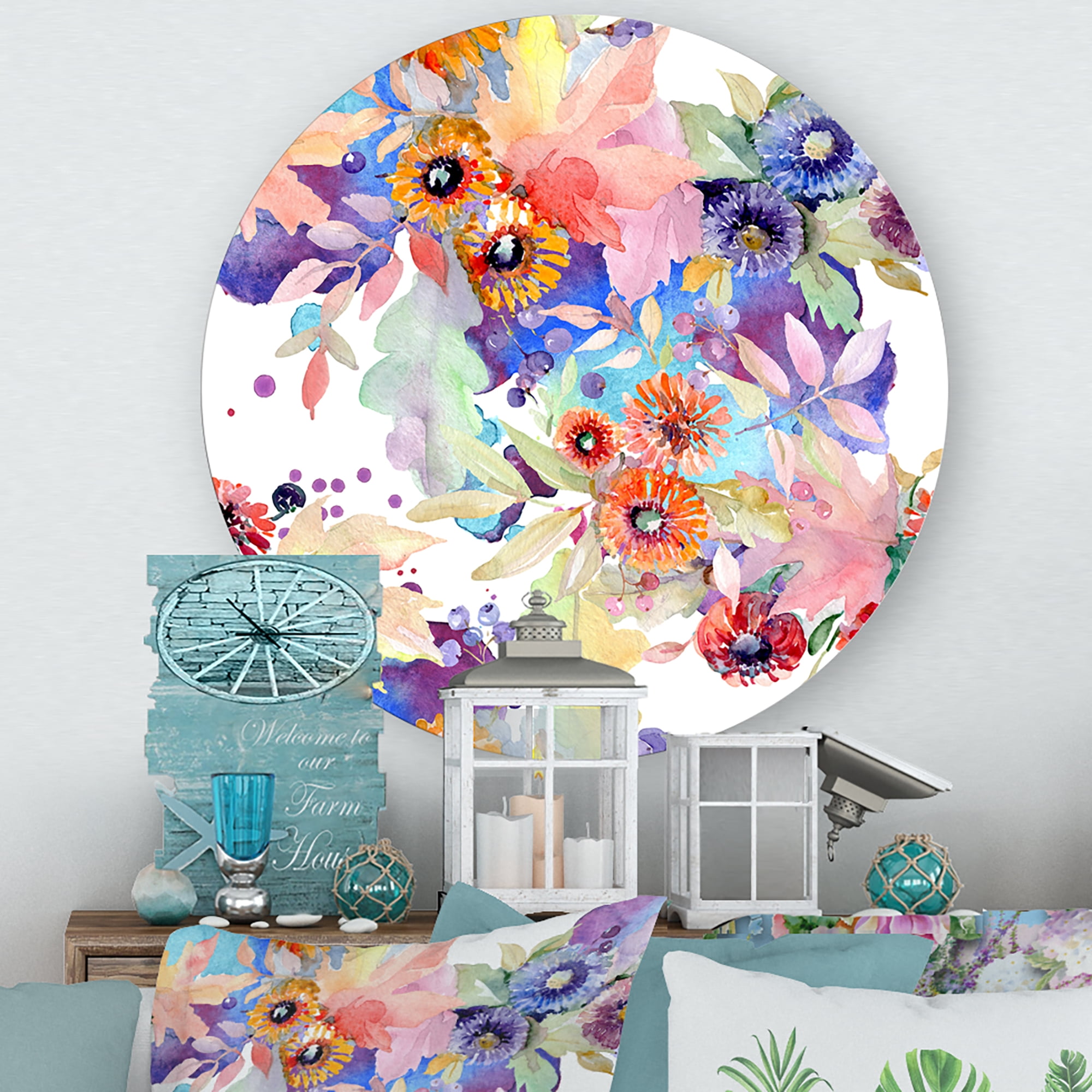 Designart 'Abstract Bouquet Floral Botanical Flowers' Modern Circle Metal Wall Art 23x23 - Disc of 23