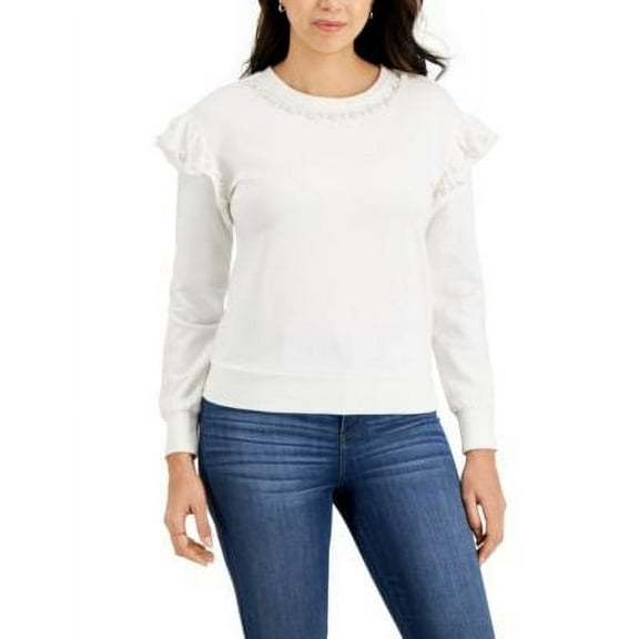 $60 Charter Club Faux-Pearl-Embellished Ruffled-Shoulder Knit Top White Size 2XL