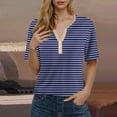thumbnail image 3 of Camiseta de Manga Corta para las Mujeres con Cuello en V de Impresión de Rayas con Botón, Blusa Casual para el Hogar Y Diario, 3 of 5