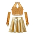 thumbnail image 4 of TTAO Kids Girls Disco Latin Hip Hop Jazz Dance Outfit Sequin Dance Crop Top Metallic Skater Skirt with Gloves Gold 12, 4 of 7
