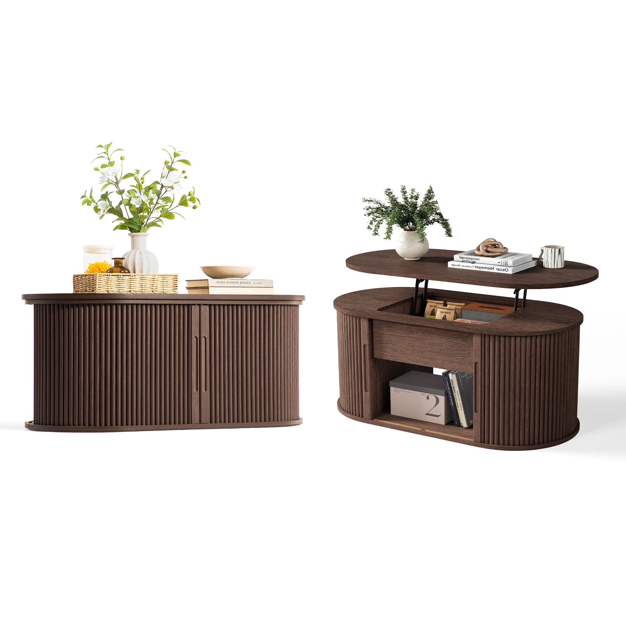 Linsy Home Lift Top Fluted Coffee Table with Storage, Mid-Century Coffee Table for Living Room with Sliding Tambour Door, Walnut