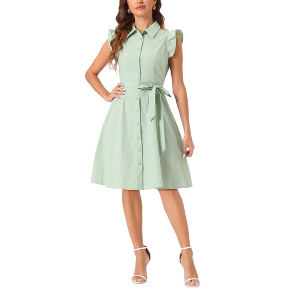INSPIRE CHIC Women's Shirt Dress Cap Sleeves Point Collar Tie Waist Button Mid Dresses S Sage Green