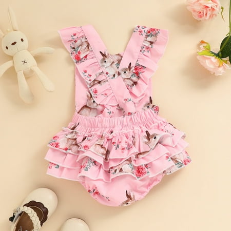 

YANHOO Baby Easter Casual Fashion Bodysuit Girls Baby Strap Lace Rabbit Print Bodysuit