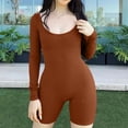 thumbnail image 2 of Wycnly Womens Jumpsuits Sexy Slim Tight Knitted Ribbed Workout Sports One Piece Jumpsuits Trendy Solid Round Neck Long Sleeve Short Summer Rompers Brown s, 2 of 6