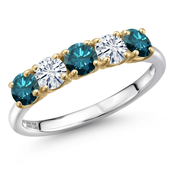 Gem Stone King 925 Silver and 10K Yellow Gold Blue Diamond and White Moissanite Wedding-Bands Ring for Women | 1.27 Cttw | Round 4MM | Gemstone April Birthstone | Size 7