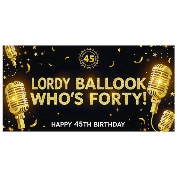 Glamorous Gold Microphone Themed Backdrop Banner for 45th Birthday Celebrations Background Party Decorations Photography Props Happy Birthday Decors