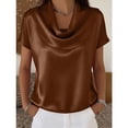 thumbnail image 2 of Gkeoshab New Women's Cowl Neck Drapey Short Sleeve Top Solid Color Satin Matte Blouse for Business Attire Brown M, 2 of 3