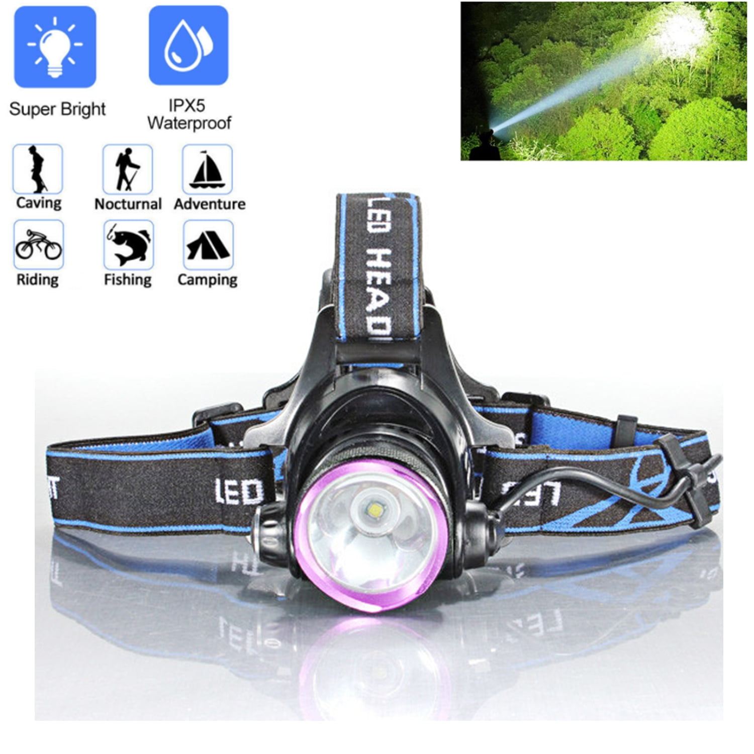 Charger 2000LM LED Fishing Headlight Torch T6 Rechargeable Headlamp 18650 