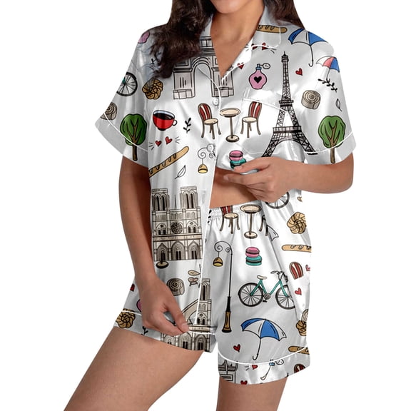 Bibifish Womens Pajama Sets Paris Themed Short Sleeve Sleepwear Sets Graphic Printed Button Down Top With Shorts 2 Piece Romantic Casual Nightwear Sets